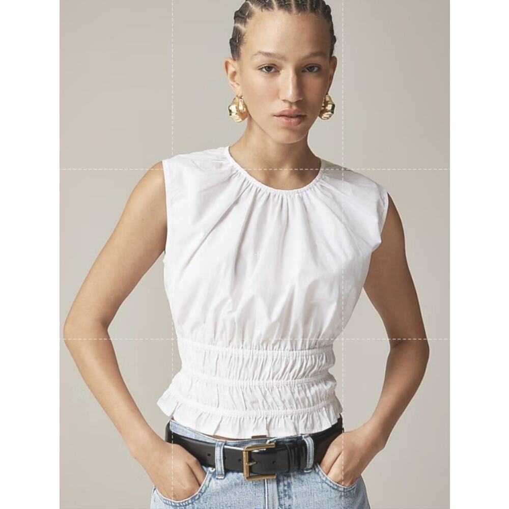 J.Crew Hyacinth Top WMN S White Cotton Poplin Smocked Waist Alana CI549 Pullover